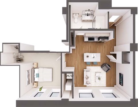 Floor plan for 1 bed, 1 bath, 805 sqft